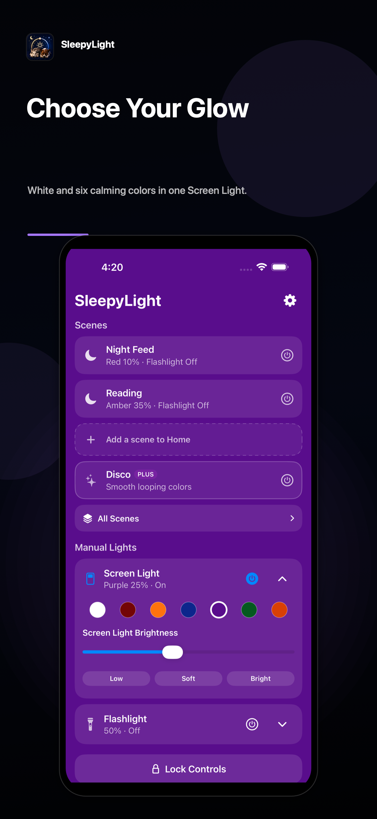 Expanded purple Screen Light controls with color choices and brightness controls.