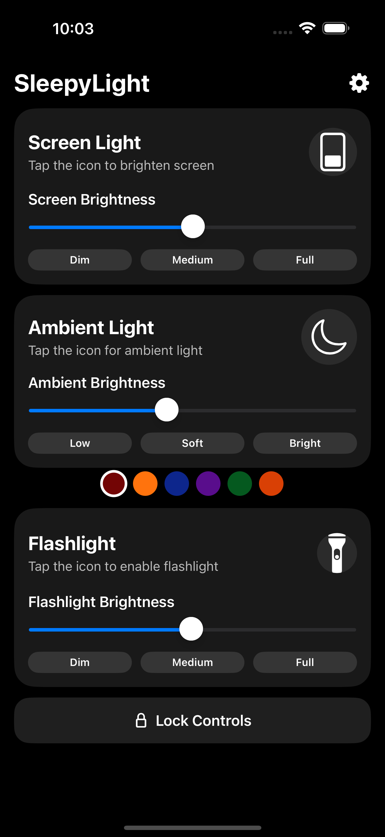 SleepyLight app controls for screen light, ambient light, flashlight, and lock controls